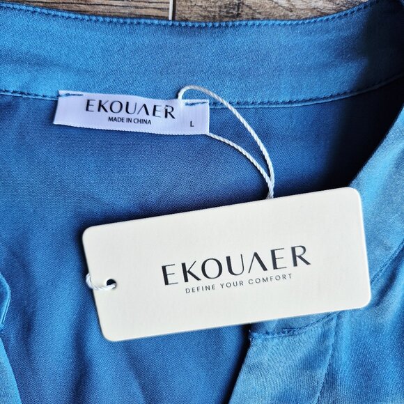 NWT EKOUAER Satin Night Sleepshirt Button-Down Pocket V-Neck Long Sleeve Blue - Picture 8 of 12